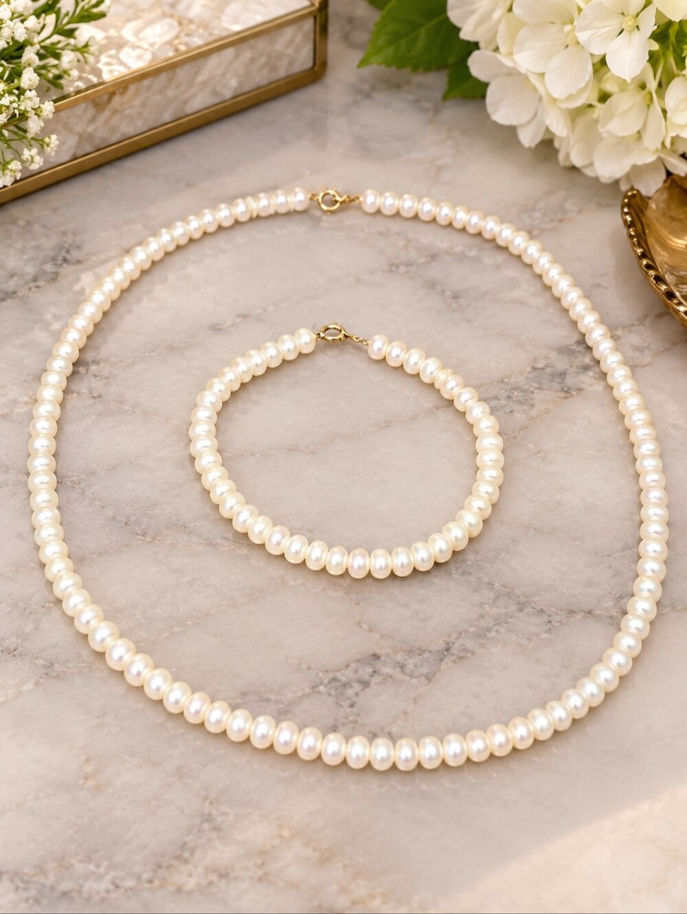 Vintage Real Pearl Necklace & Bracelet Set – 10K Gold Clasps